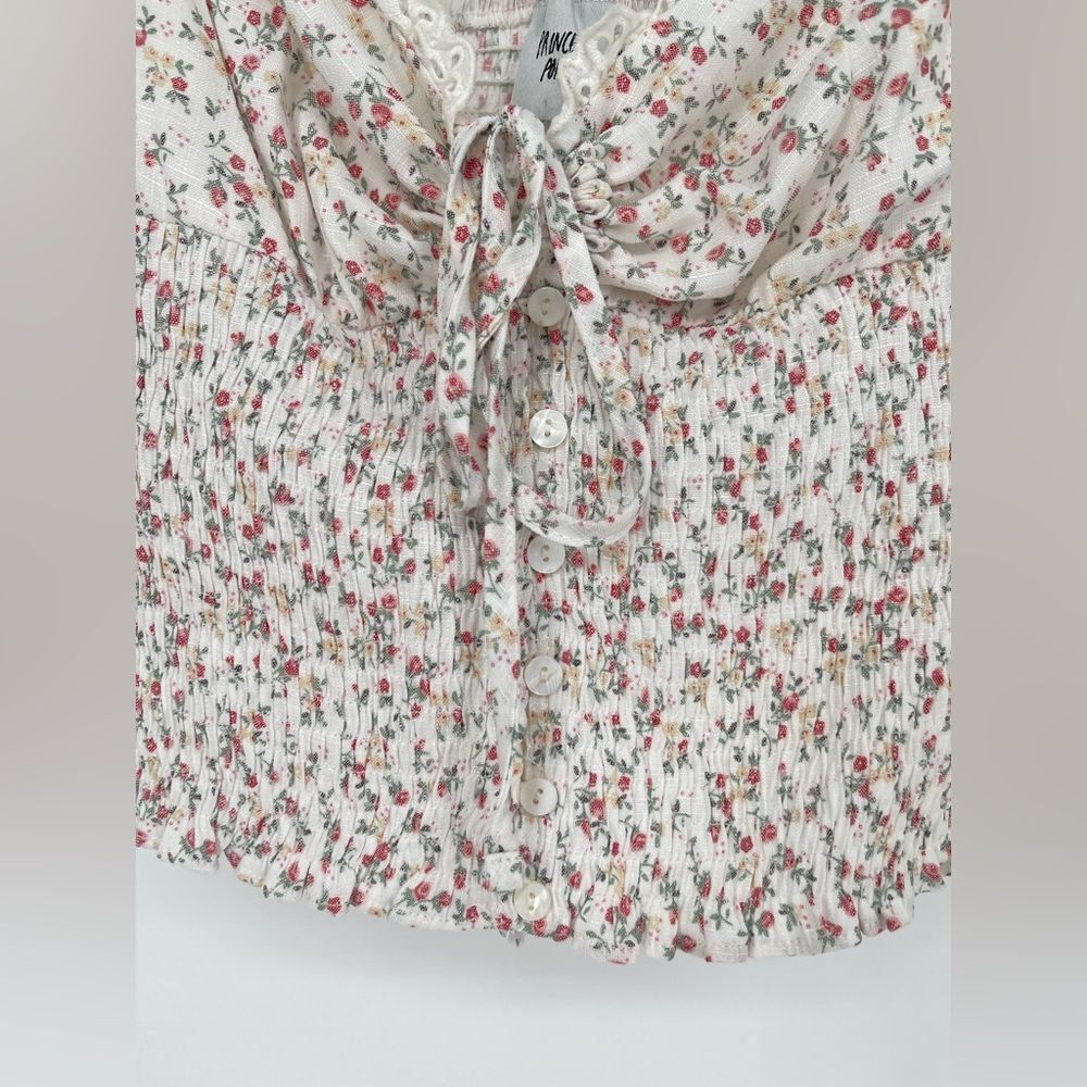 Princess Polly Floral Smocked Linen Blend Keyhole Top Size 4 - Picture 5 of 6